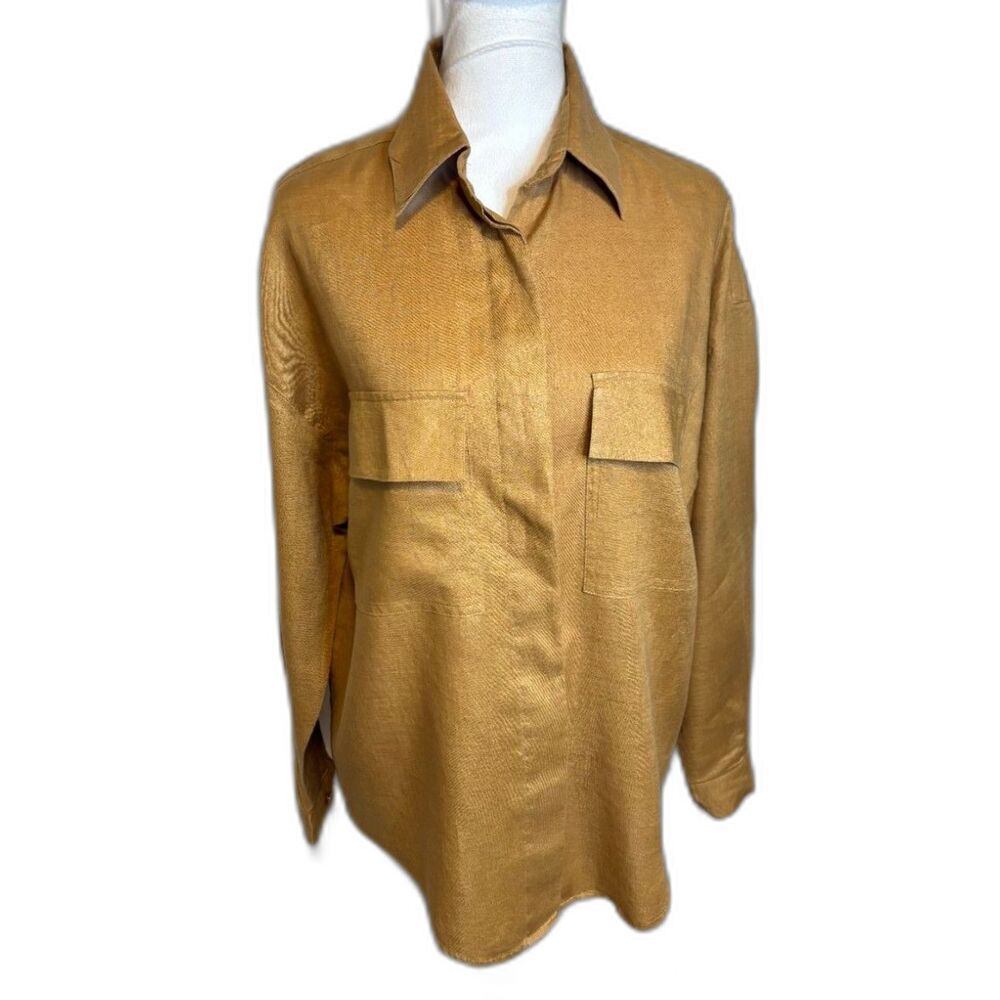 Ellen Tracy Women's Mustard Linen Button-Down Shirt Size 10 Relaxed Fit